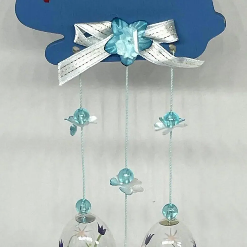 Vintage Taiwan Easter Bunny Wind Chime Hand Blown Glass Eggs Wood Rabbit 12